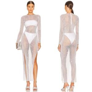 Santa Brands Diamond Maxi Dress in White Silver Crystal Mesh Coverup Gown